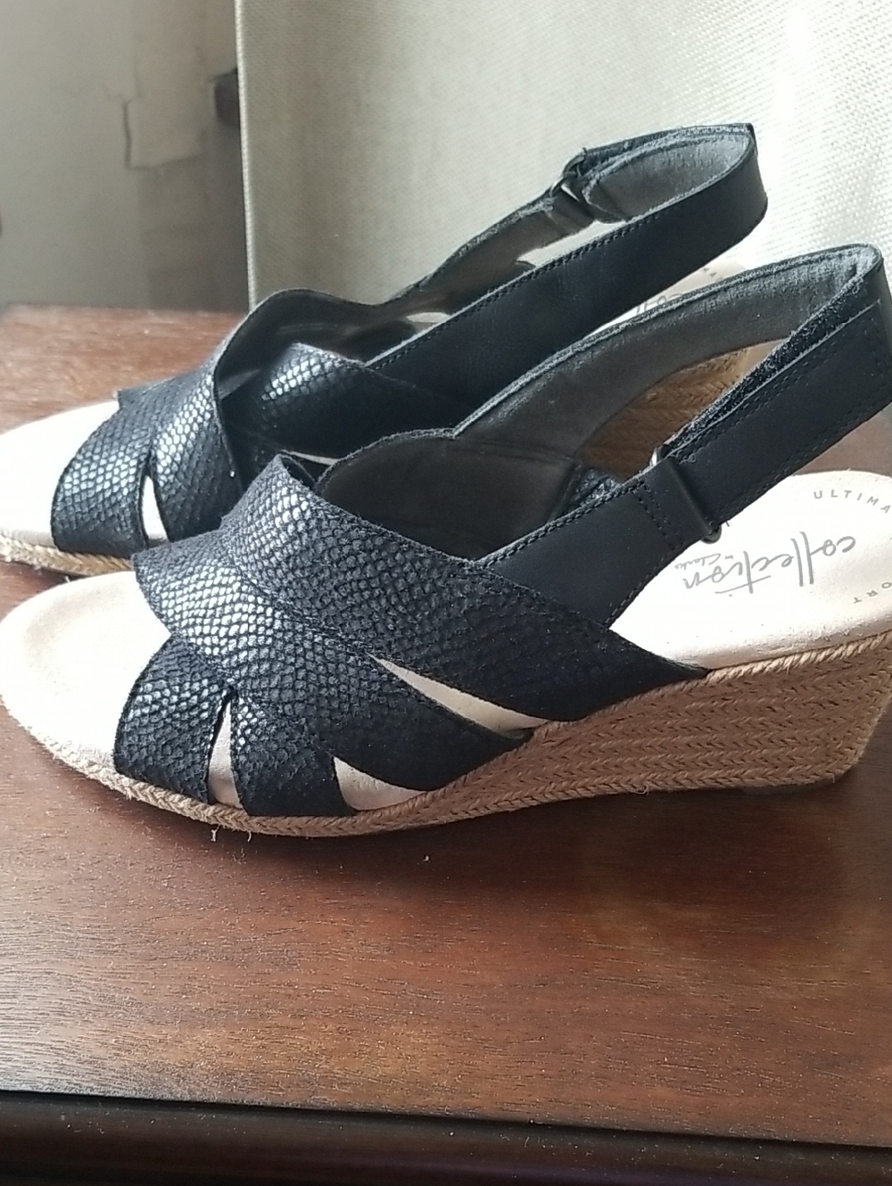 Clarks Black Leather Lafley Krissy Espadrille Sling Strap Wedge Sandals
